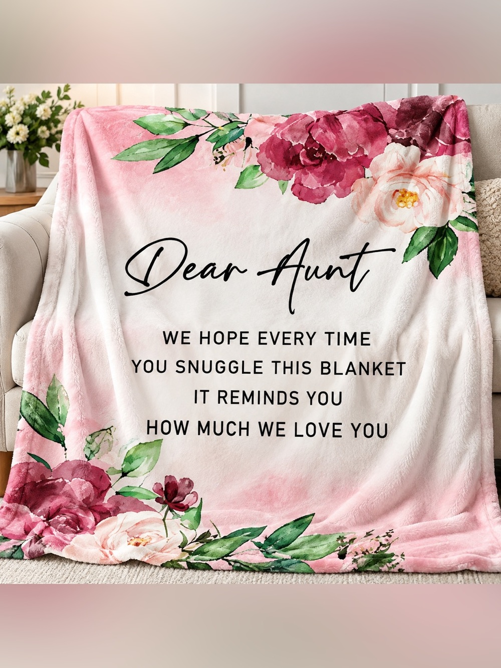 Dear Aunt Pink Floral Sentiment Blanket - Cozy Message Throw NWOT